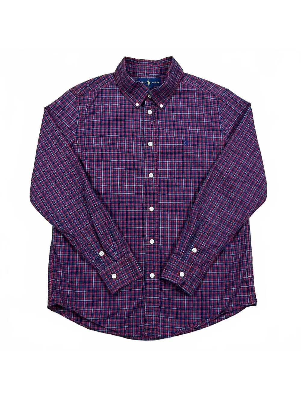 Ralph Lauren Boys Red Blue Plaid Long Sleeve Button Up Shirt Size Large 14-16